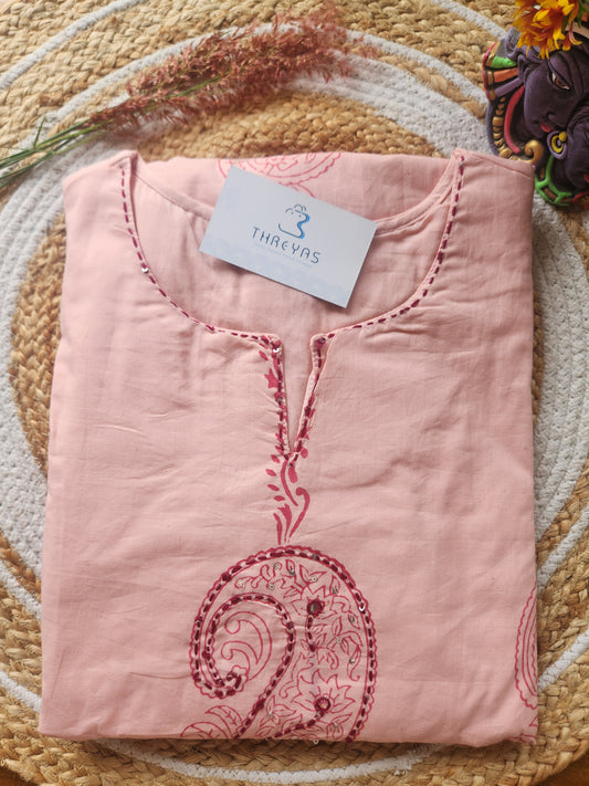 Blush Pink Paisley Cotton Kurti Set with Dupatta