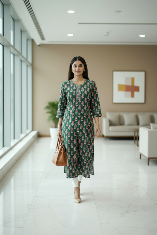 Green Floral Printed Long Kurti for Women