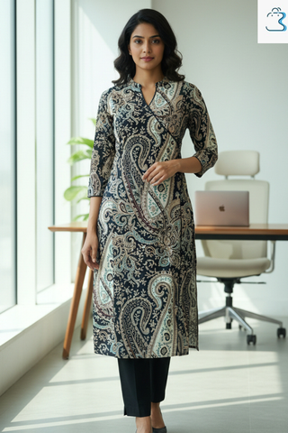 Black & Beige Paisley Printed Straight Kurti Set for Women