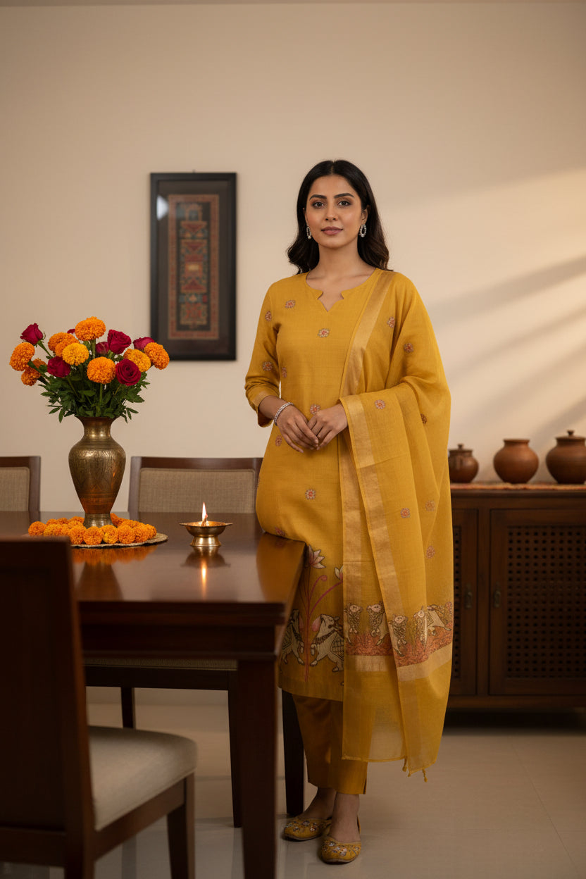 Yellow Pichwai work Jamdhani Dupatta Set For Women