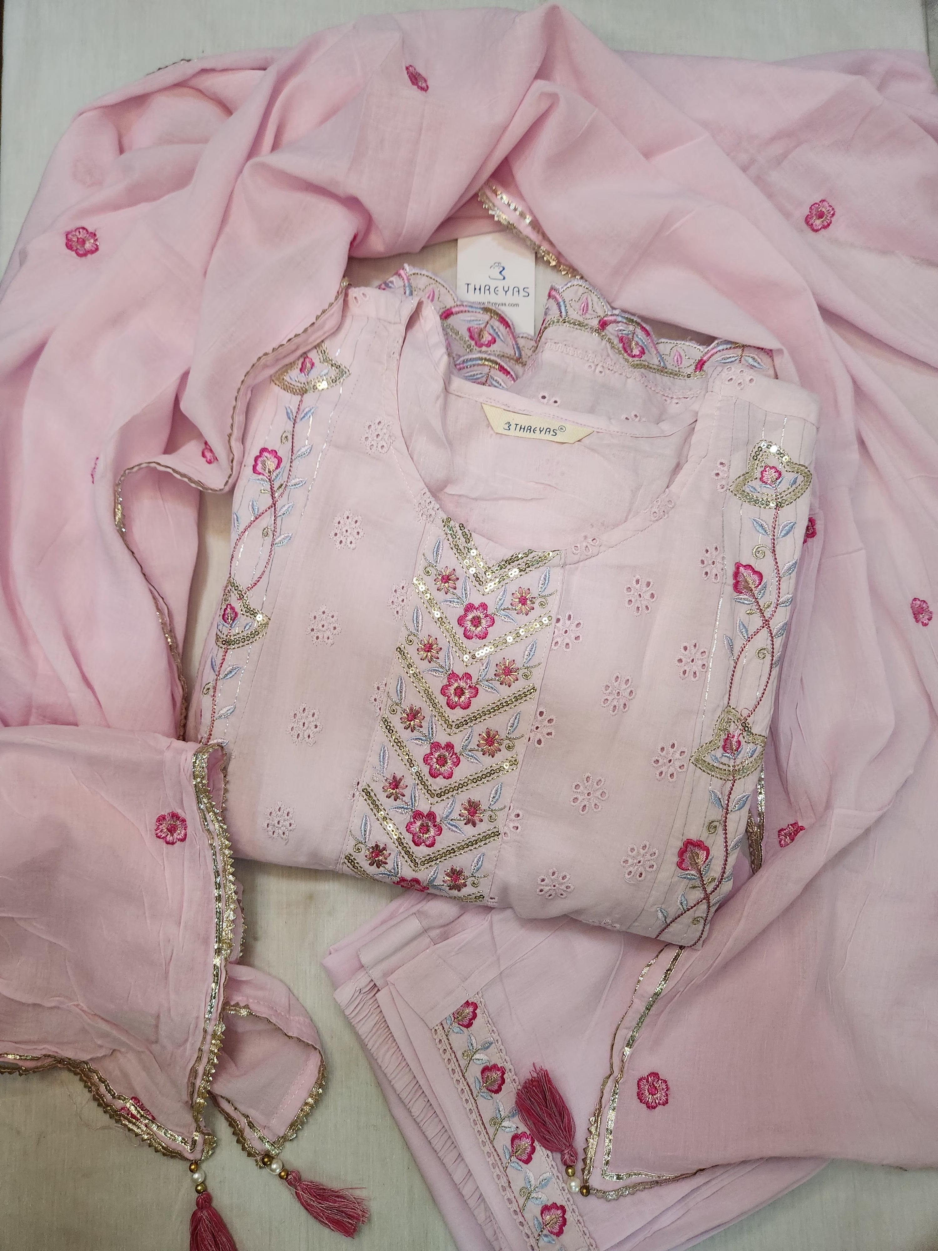 Light Pink Embroidered Anarkali Kurta Set with Dupatta for Women