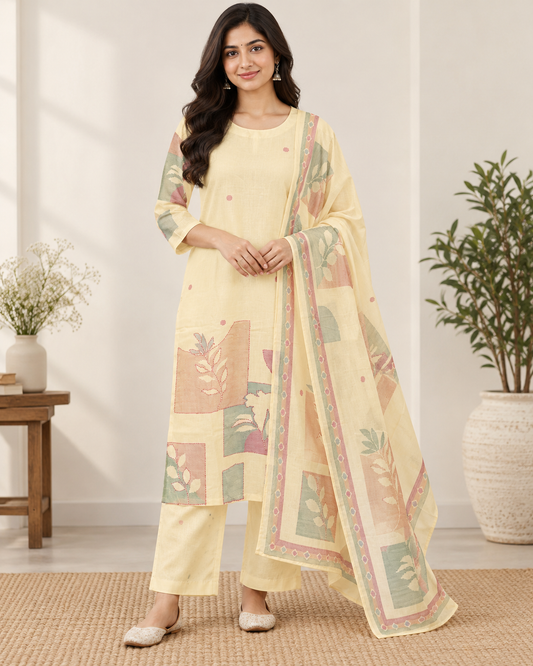 Pastel Yellow Lenin  Dupatta Set For Women