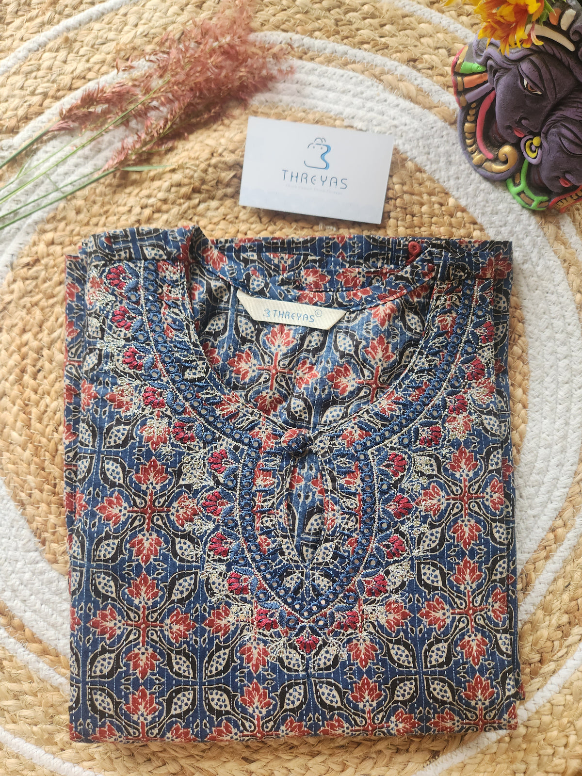 Blue Ajrakh A-Line Cotton Kurti for Women