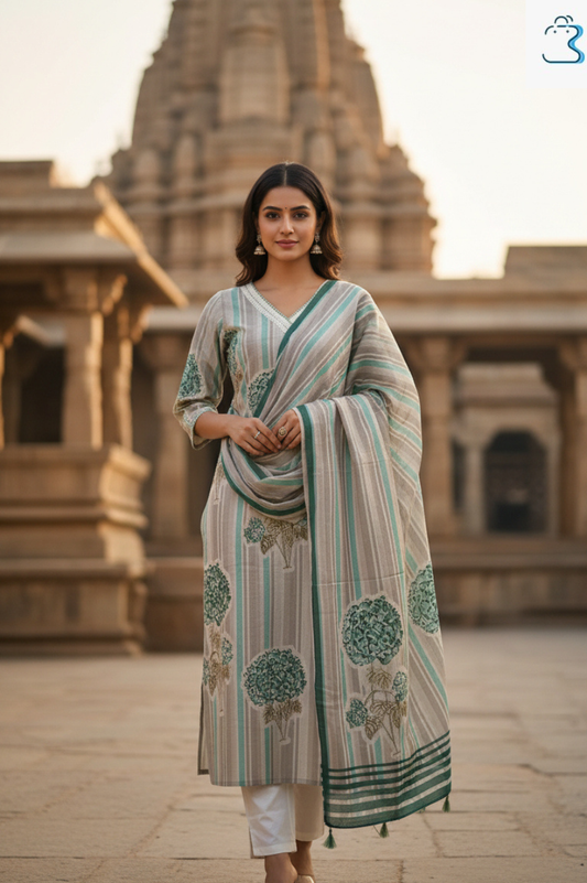 Sea Green & Beige Printed Cotton Kurti Set for Women
