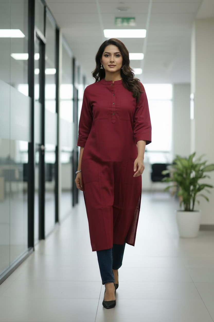 Maroon Solid Long A-Line Kurti