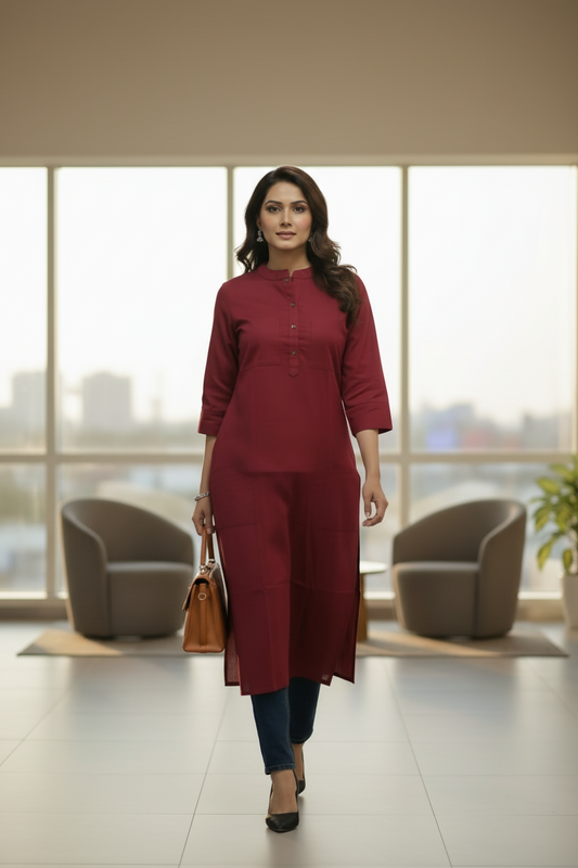 Maroon Solid Long A-Line Kurti