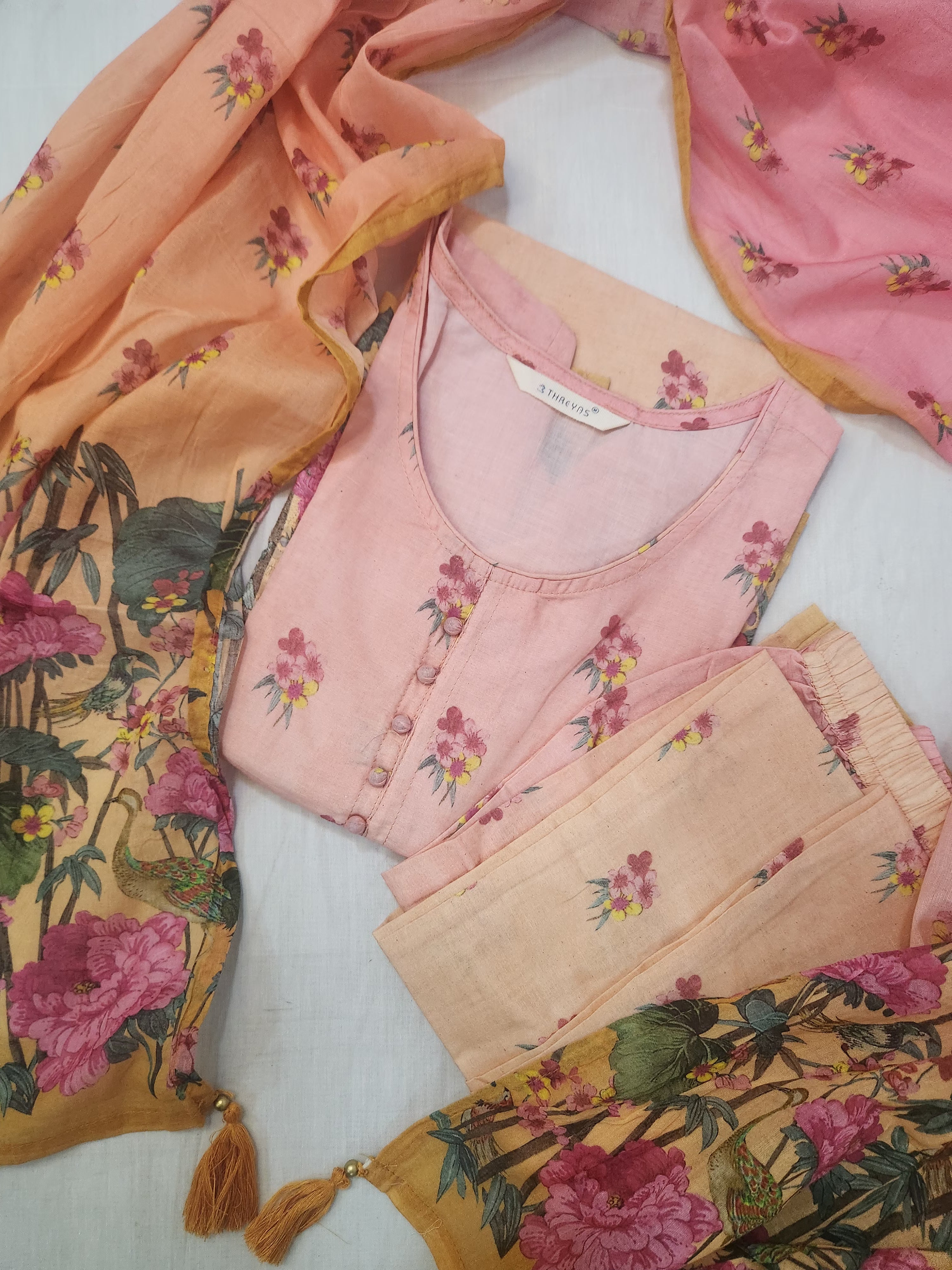 Peach Floral Printed Salwar Kameez Kurta Set with Dupatta for Women