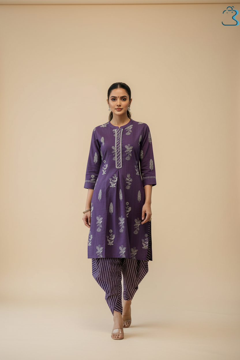 Purple Ethnic Printed Cotton Kurti Set with Pant