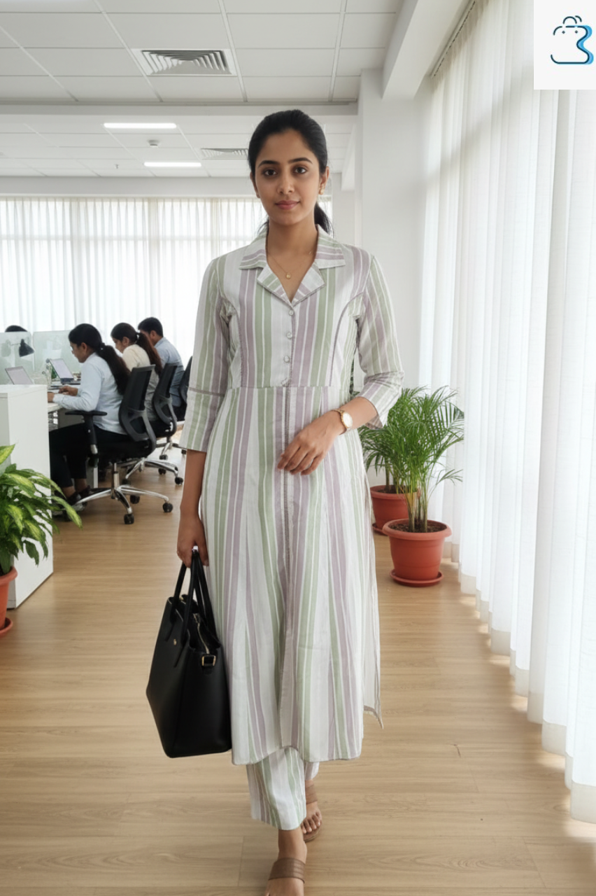 Beige & White Straight Front-Slit Cotton Kurti Set for Women