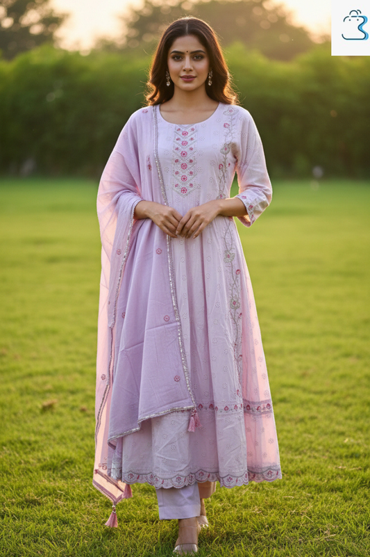 Light Pink Embroidered Anarkali Kurti Set for Women
