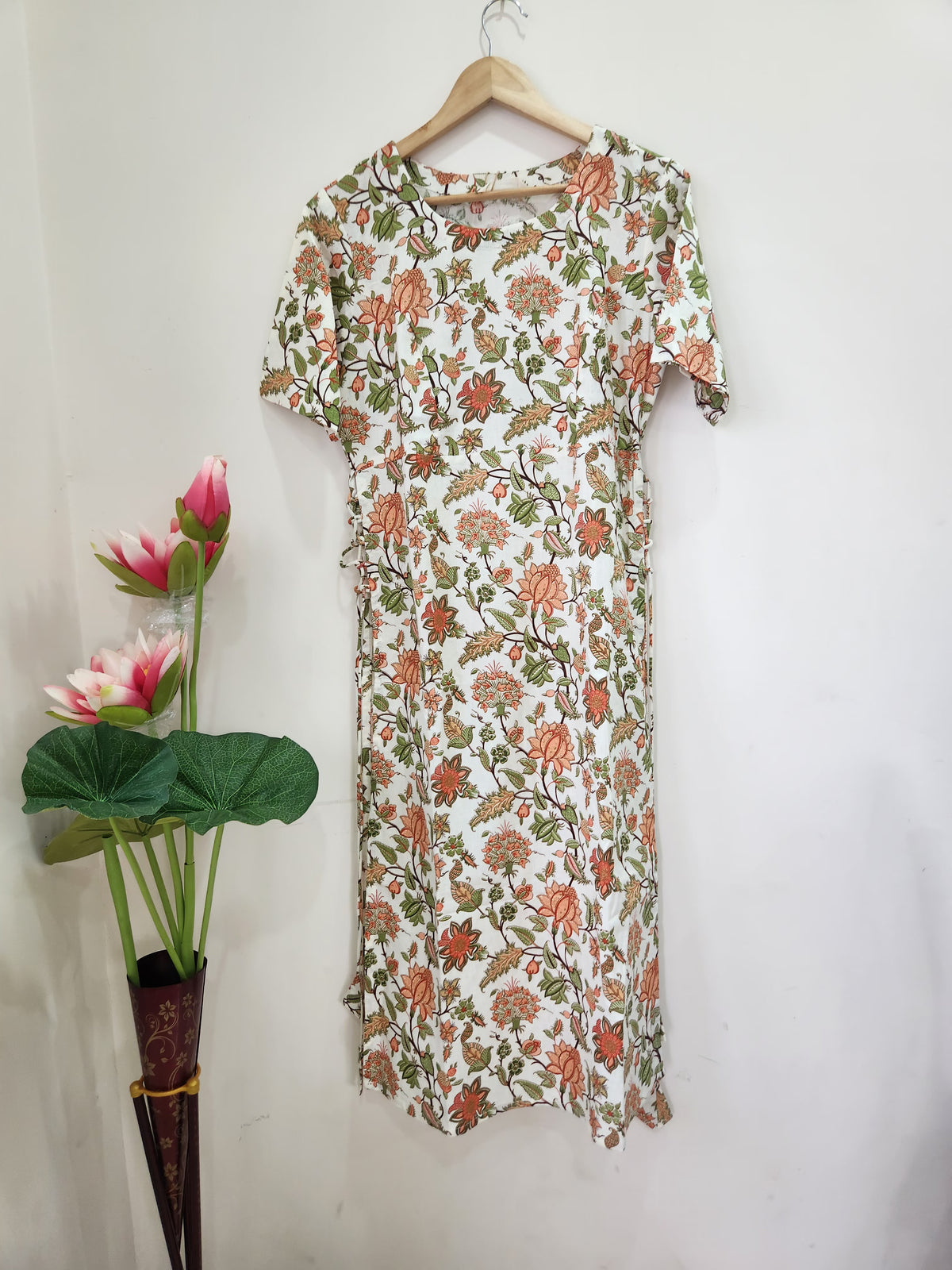 Half White Floral Printed Long Kurti for Women