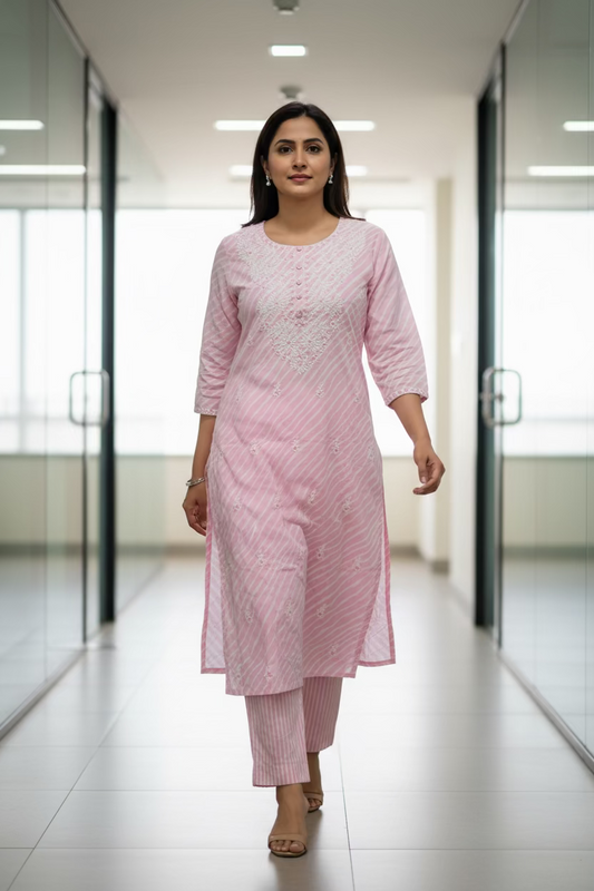 Baby Pink Threadwork Long Kurti for Women