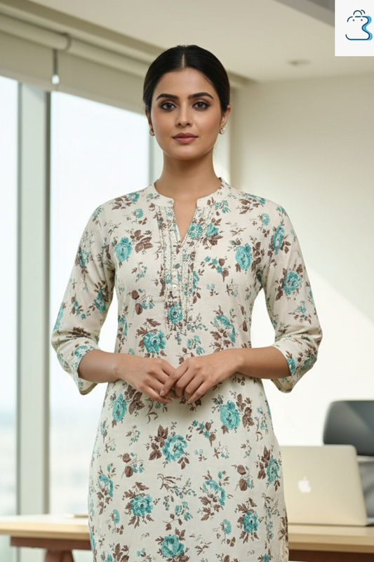 Cream Straight Cotton Kurti Set for Women