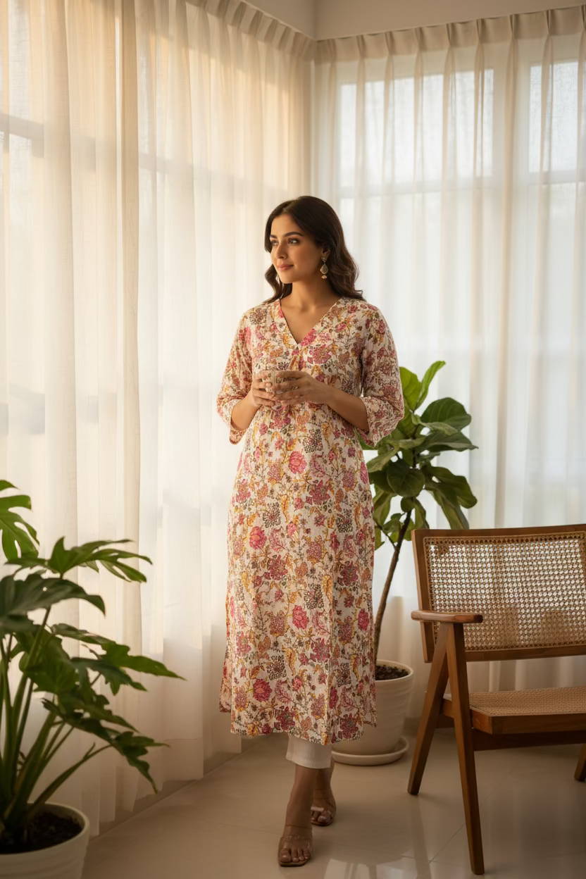 Half White floral Long Kurti for women