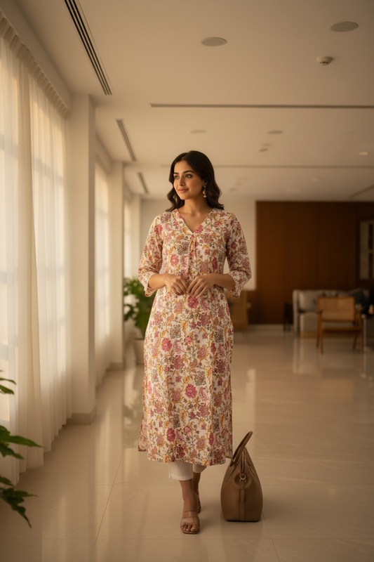 Half White floral Long Kurti for women