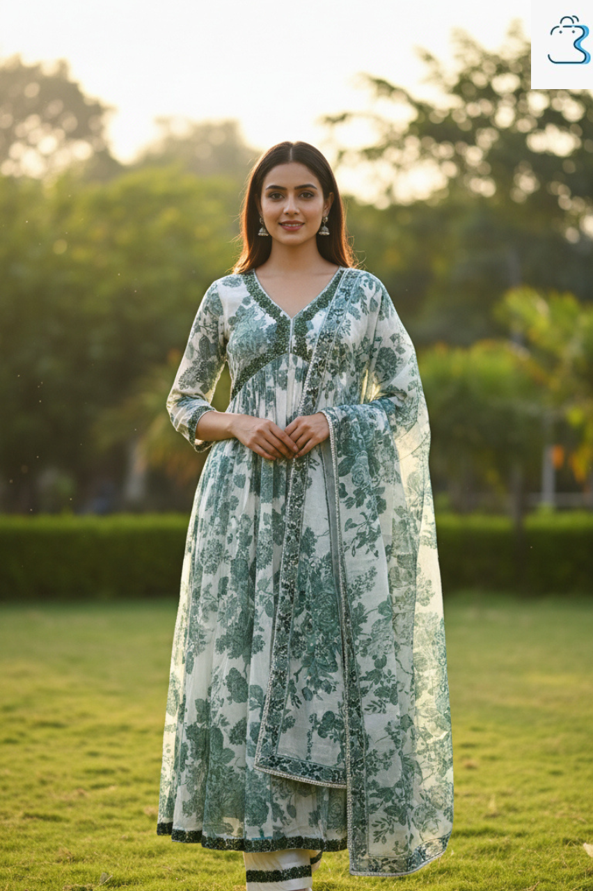 White & Green floral prints Anarkali Kurti Set for Women