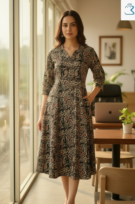 Black Base Multicolor Paisley Printed Kurti for Women