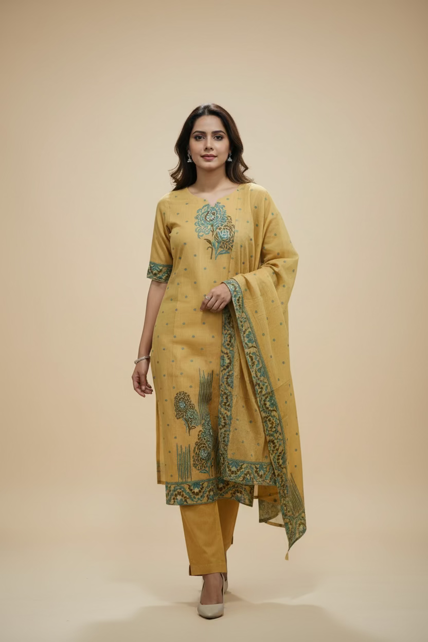 Yellow & Green Jamdani Dupatta Set For Women