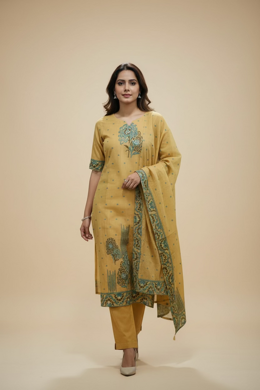 Yellow & Green Jamdani Dupatta Set For Women