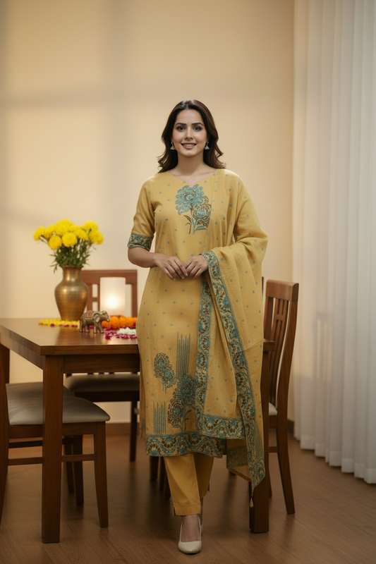 Yellow & Green Jamdani Dupatta Set For Women