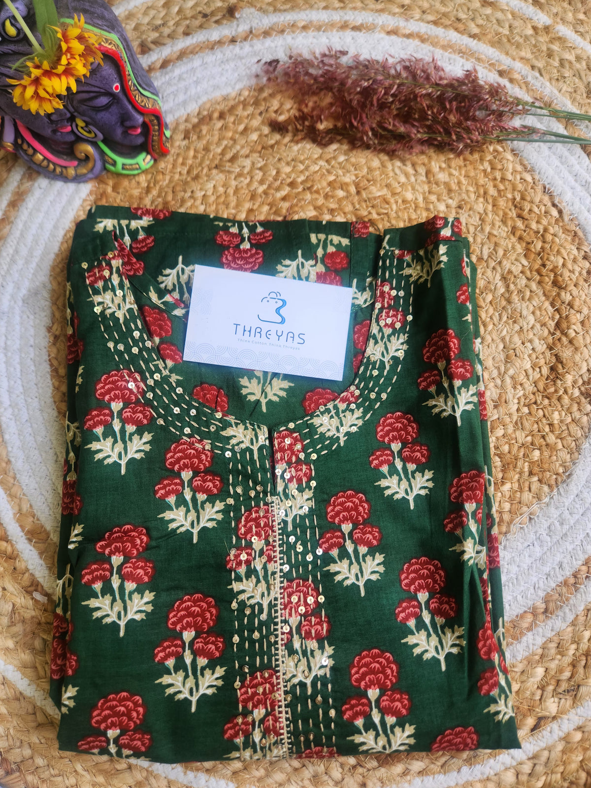 Green Floral Printed Long Kurti for Women