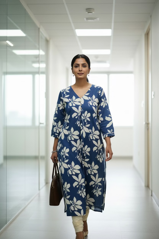 Blue Floral Printed Long Kurti for Women