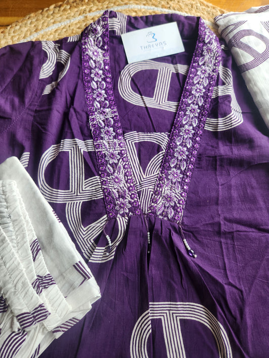 Deep Purple Cotton Kurti Set for Women with Dupatta