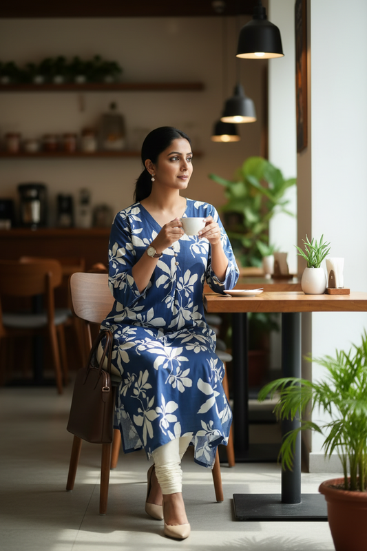 Blue Floral Printed Long Kurti for Women