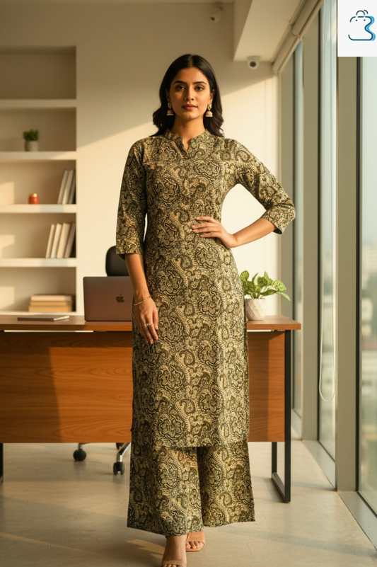 Black & Beige Floral Printed ALine Kurti Set for Women