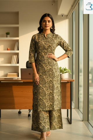 Black & Beige Floral Printed ALine Kurti Set for Women