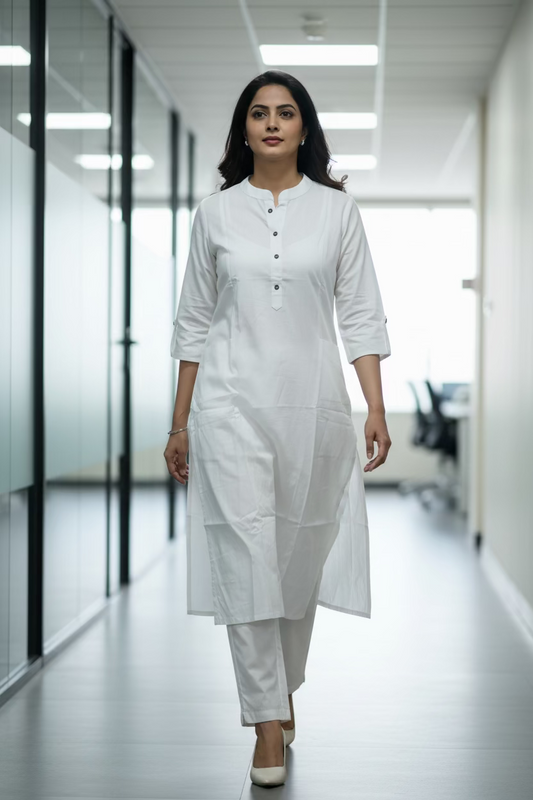 White Solid Long A-Line Kurti