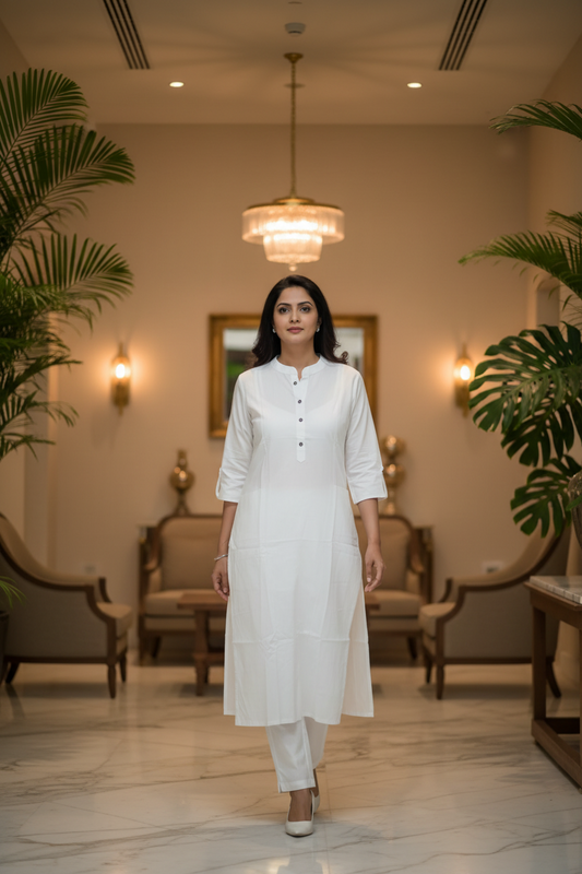 White Solid Long A-Line Kurti