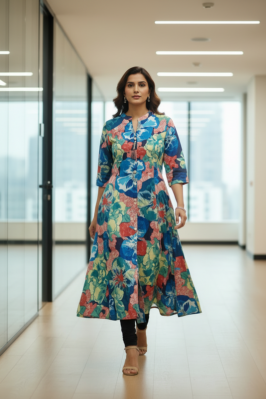 Green Floral Printed A-Line Kurti