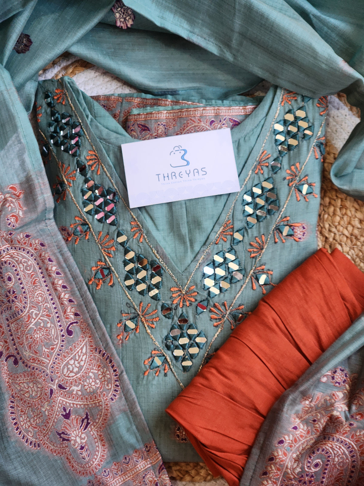 Sea Green Anarkali Jamdani Dupatta Set For Women