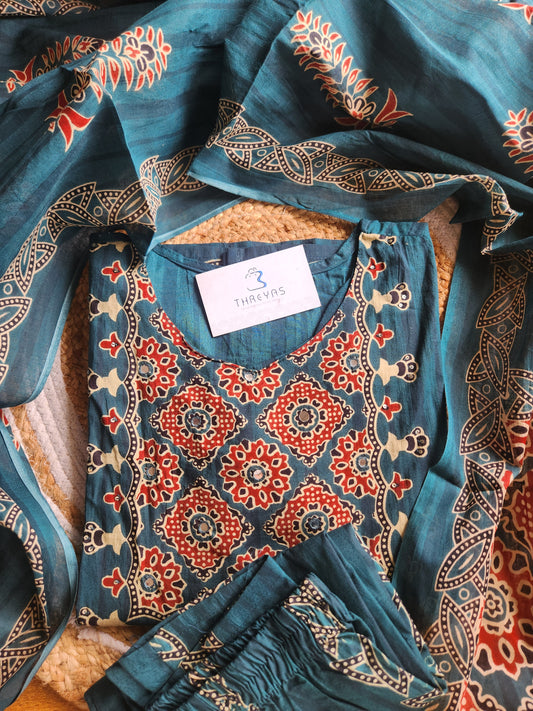 Peacock Blue Cotton Kurti Set for Women with Dupatta