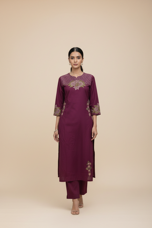 Pink Embroidered Cotton Flex Kurti Set with Dupatta
