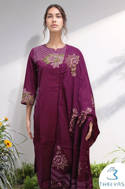 Pink Embroydery Cotton flex Kurthis set for women With Printed Dupatta