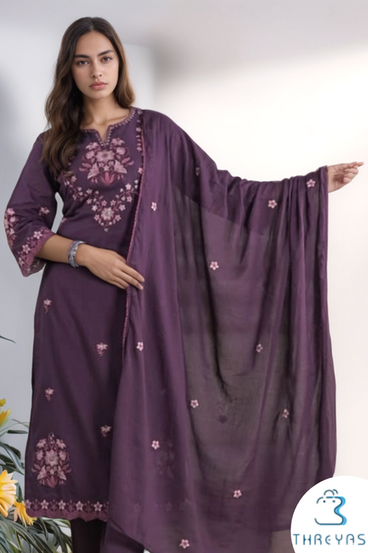 Wine Color Embroydery Cotton  Kurthis set for women With Dupatta