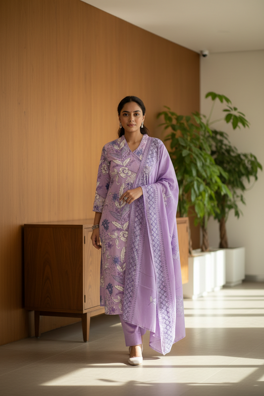 Lavender Embroidered Cotton Kurti Set with Dupatta for Women