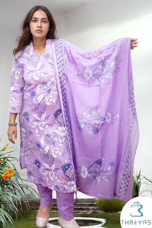 Lavender Color Embroidery Cotton  Kurthis set for women With Dupatta