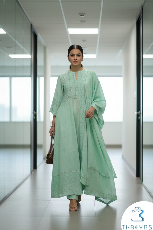 Pista Green Embroidered Cotton Kurti Set with Dupatta for Women