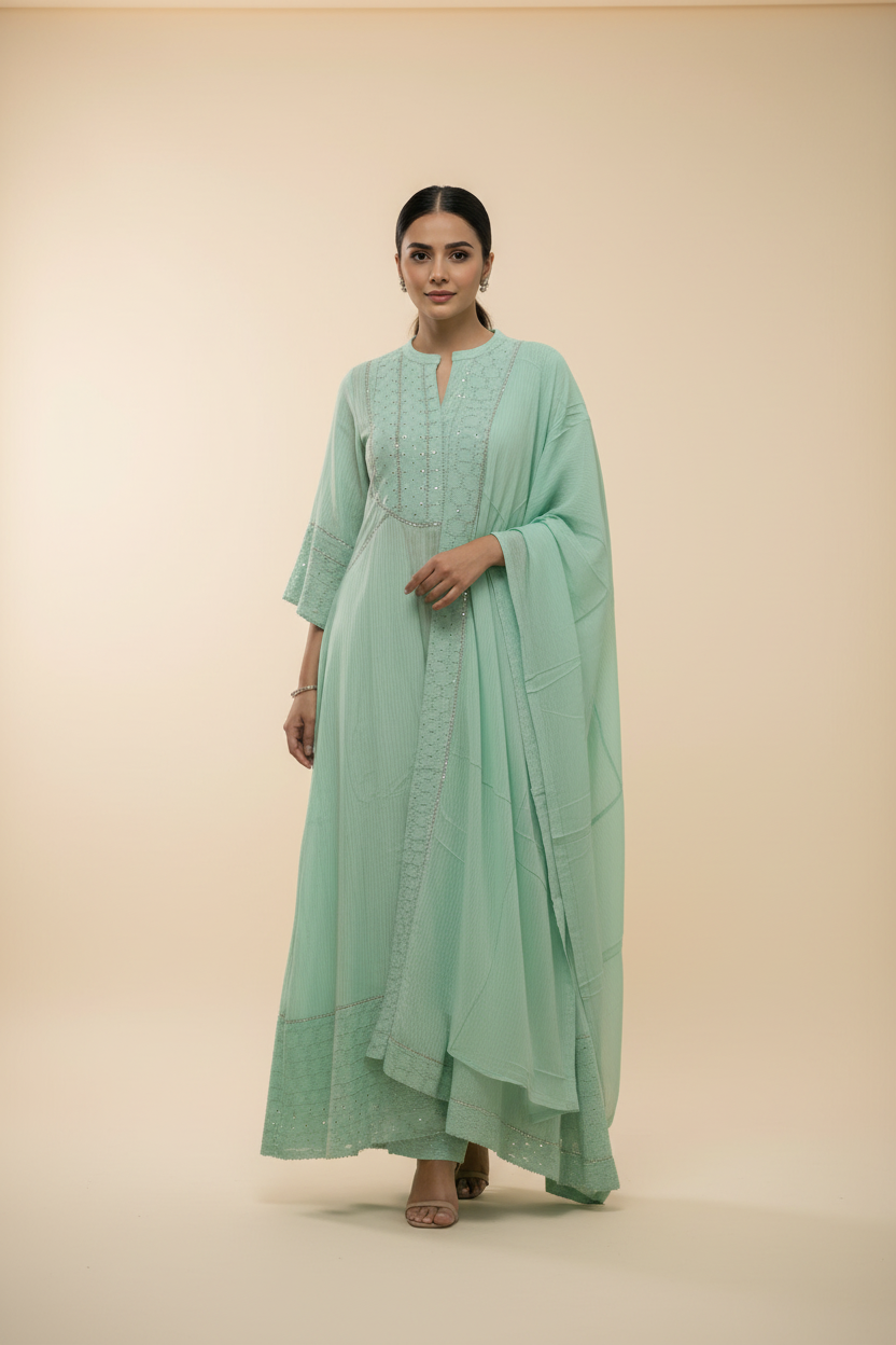 Pista Green Embroidered Cotton Kurti Set with Dupatta