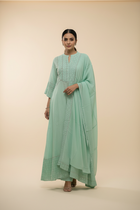 Pista Green Embroidered Cotton Kurti Set with Dupatta
