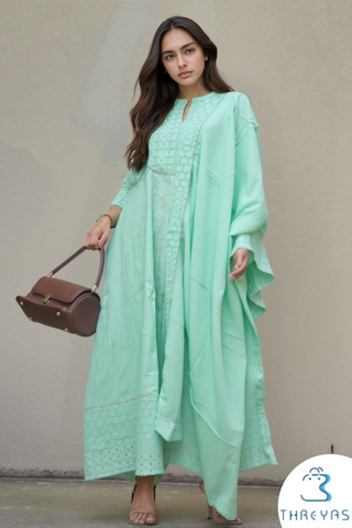 Pista Green Embroidered Cotton Kurti Set with Dupatta for Women