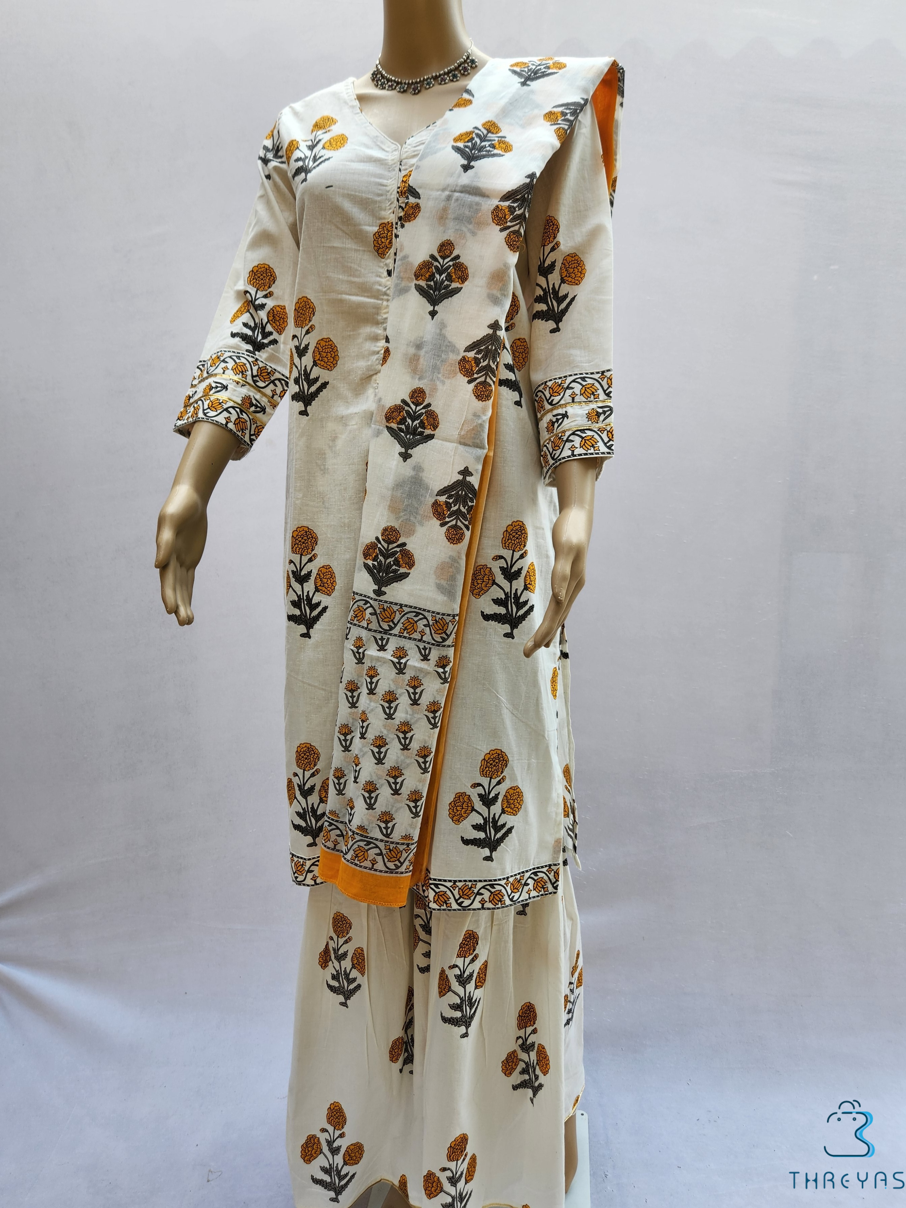 Women White Cotton Pure Cotton Floral Print Kurthis Set with Sharara and Dupatta for women  |  Stylish Kurthis & Kurtis Sets for Women  |  Threyas 