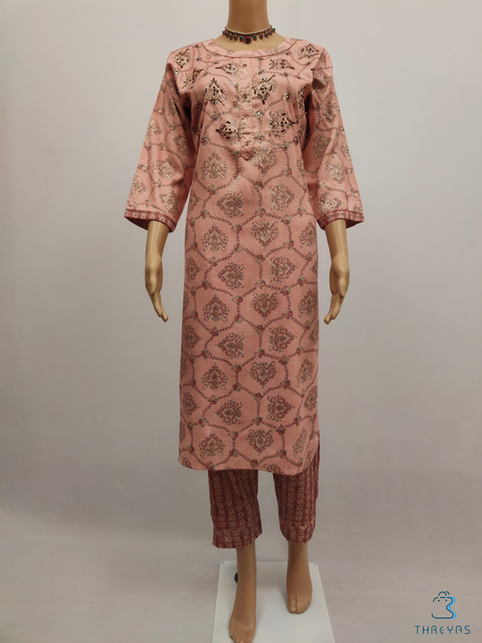 Rose Gold Light Pink Cotton Kurthis set with straight Pant for women |  Stylish Kurthis & Kurtis Sets for Women  |  Threyas 