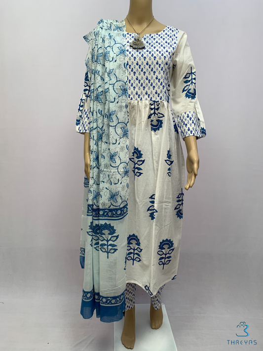 White & Blue Cotton Kurthis Set for women  |  Stylish  Kurthis &  Kurtis Sets for Women |  Threyas 
