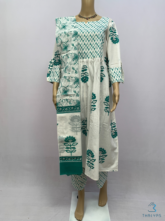 White & Emerald Green Cotton Kurthis Set for women  |  Stylish  Kurthis & Kurtis  Sets for Women | Threyas 
