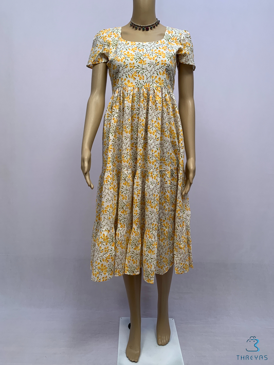 Yellow & White Flared Hand Block Printed Kurthi  | Stylish Kurthis & Kurtis Sets for Women | Threyas 