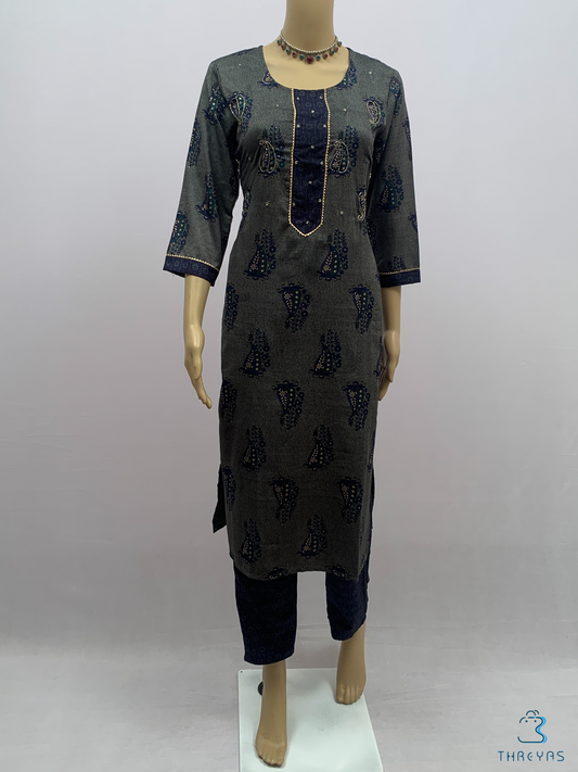 Navy Blue Muslin Cotton Kurthis set with Pant for women